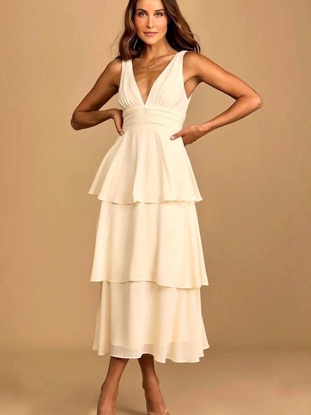Lulus Tiered Midi Dress in Cream Like New